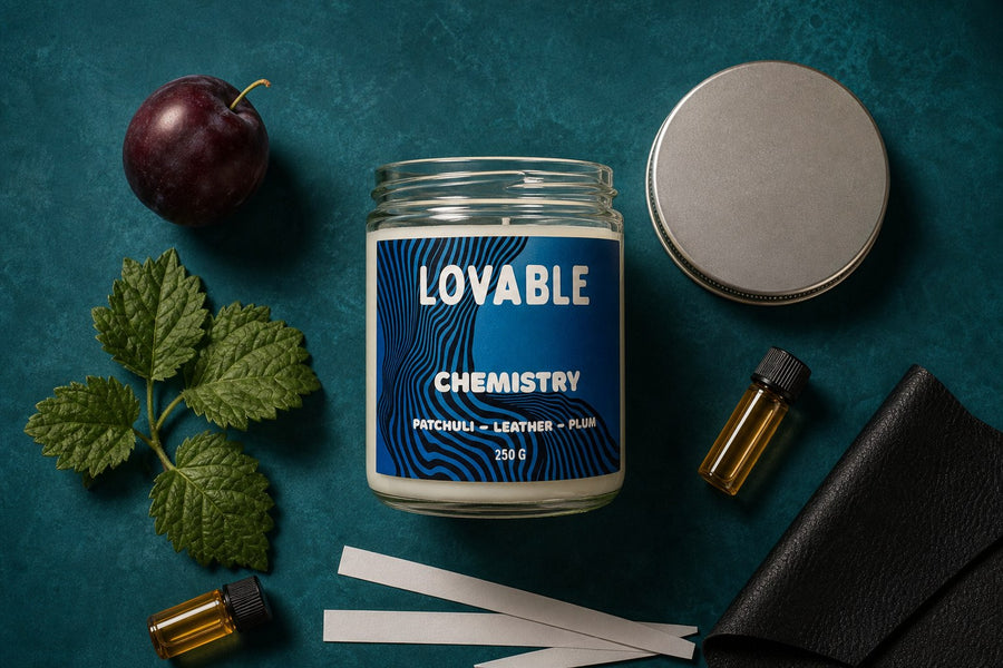Ingrediente de parfum, viale și lumânarea CHEMISTRY într-un flat lay premium