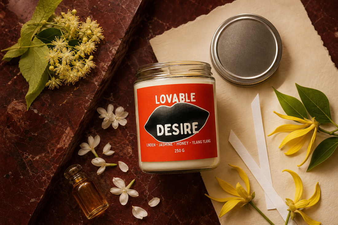 Lumânarea DESIRE într-o compoziție de parfumerie
